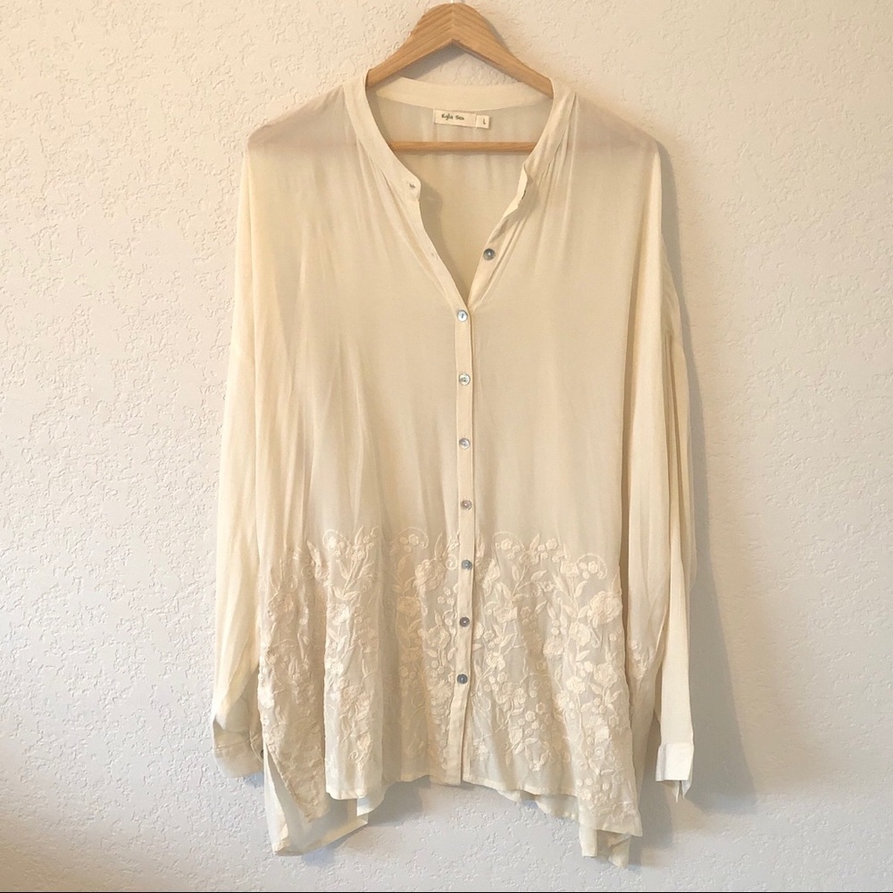 Boutique Cream Boho Embroidered Button Down